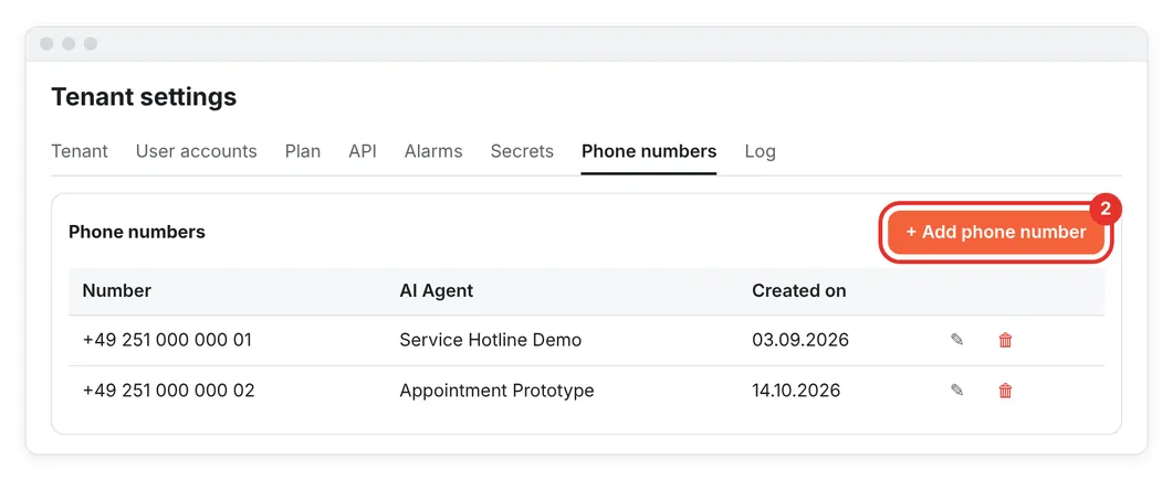 Creating a new number in the tenant settings
