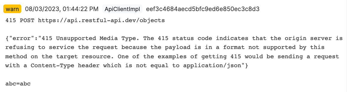 API client log debug error 415