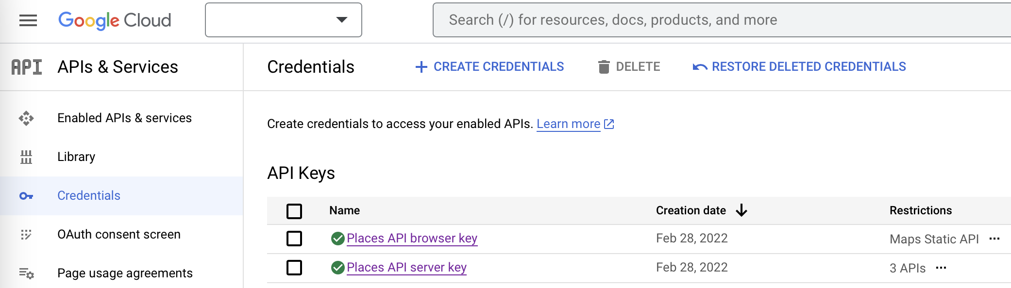 API keys list