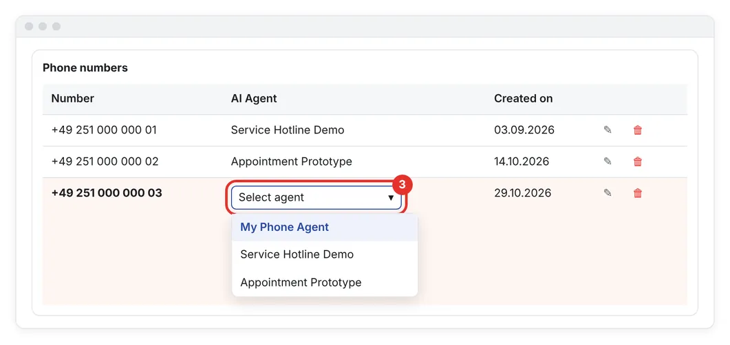 Selecting the Phone Agent for the new number
