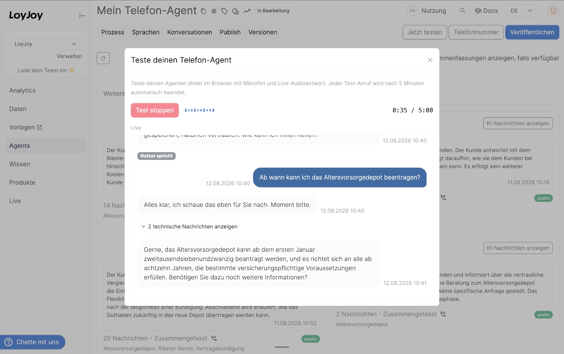 Browser test of a Phone Agent with microphone, live audio response, and real-time transcript