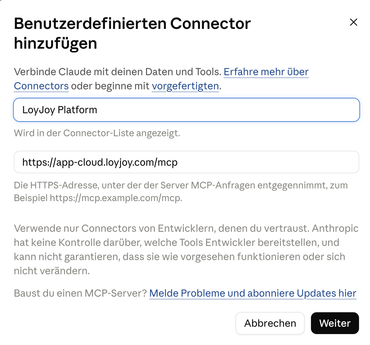 Adding the LoyJoy Manager MCP server as a custom connector in Claude
