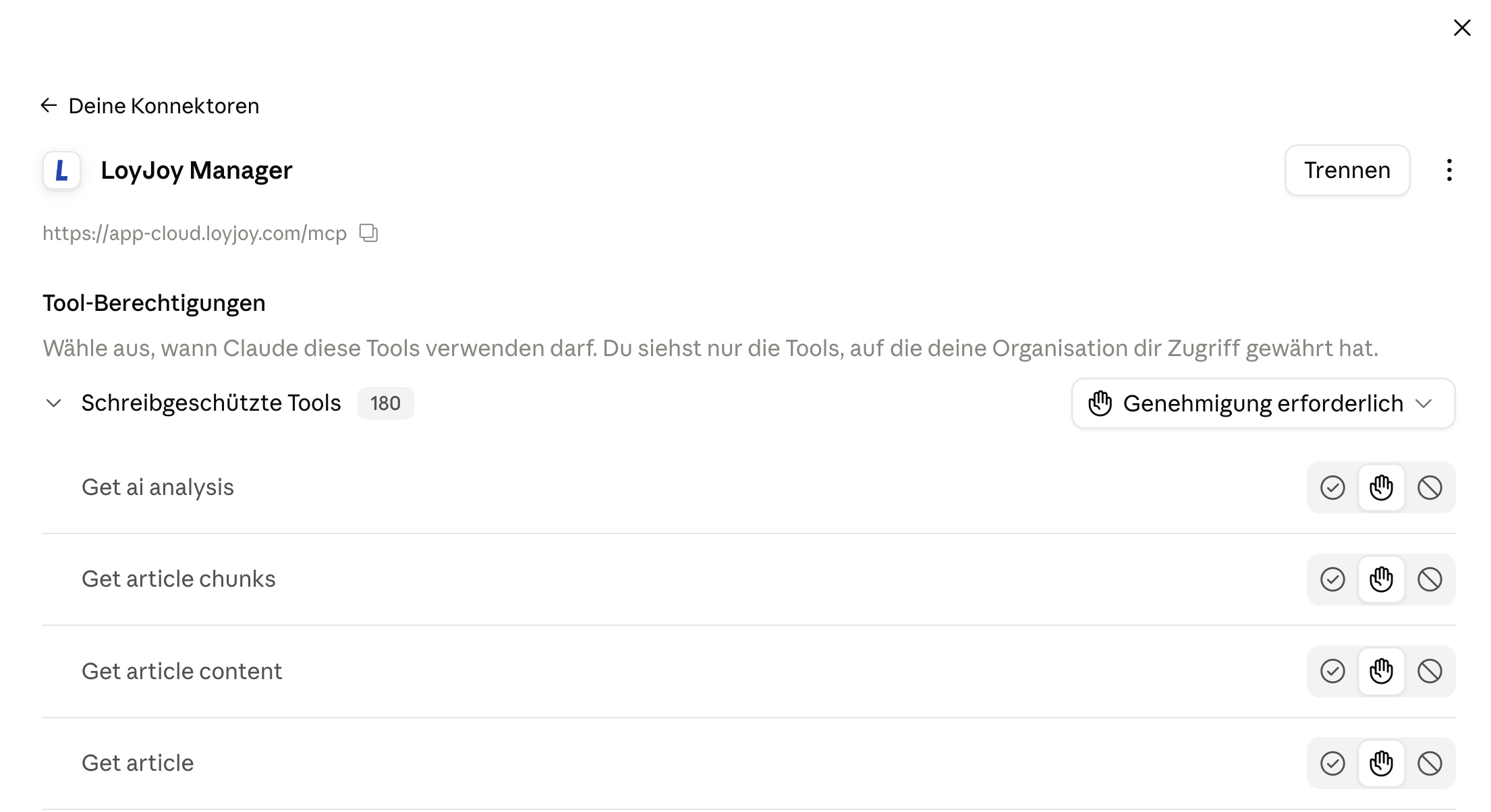 The LoyJoy Manager connector in Claude with its tool permissions