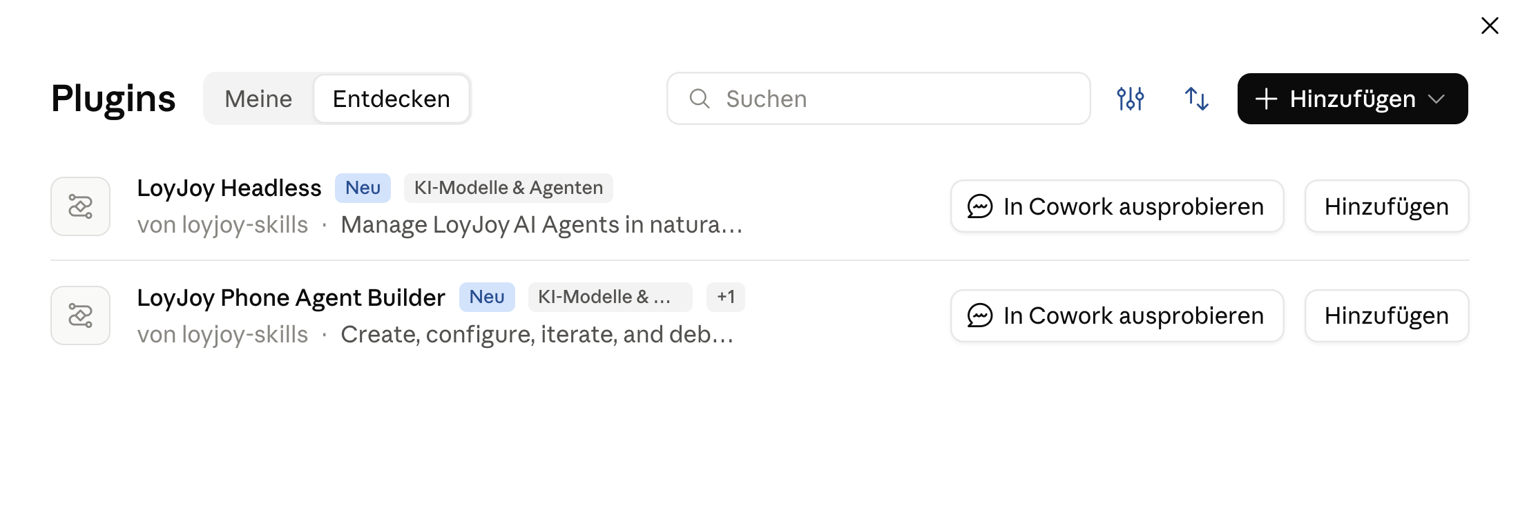 The LoyJoy plugins in the Discover tab
