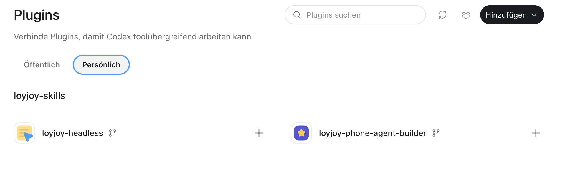 The LoyJoy plugins in the Personal tab of Codex