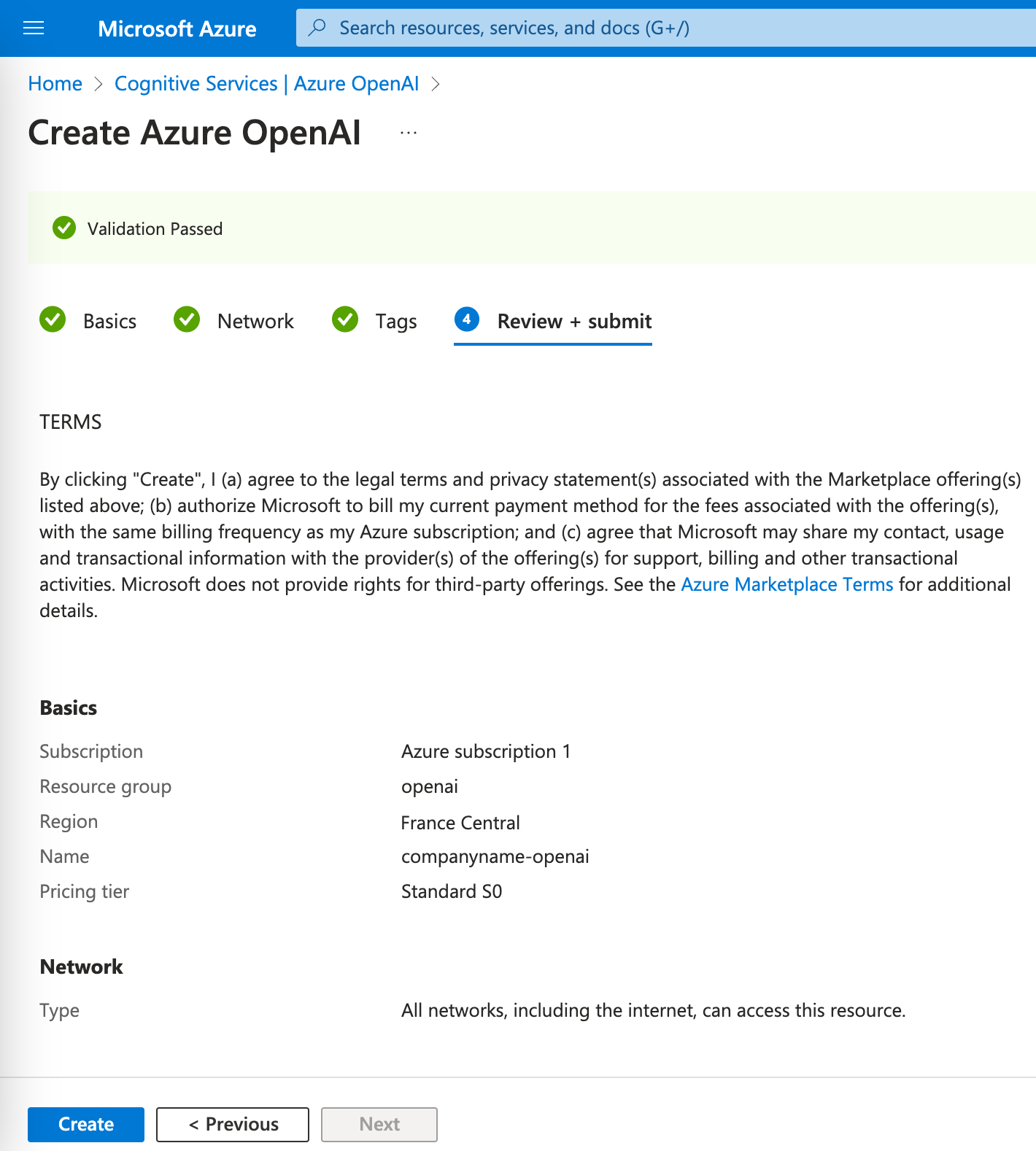 Create Azure OpenAI Submit