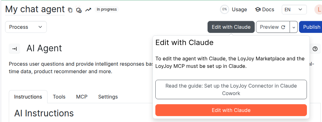 The Edit with Claude control in the process editor