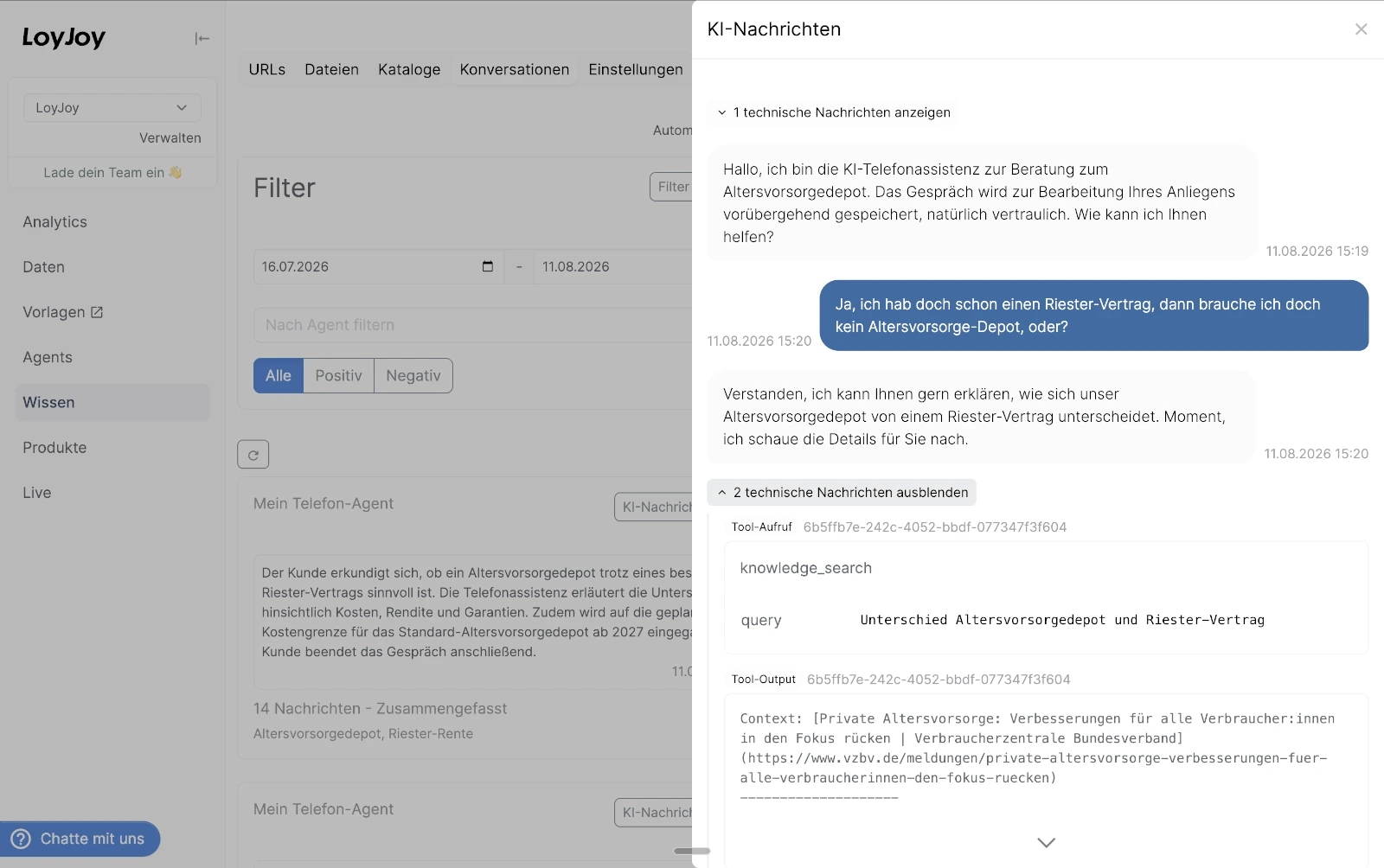 Conversation detail view with a tool call, its result, and the knowledge context used to generate the answer