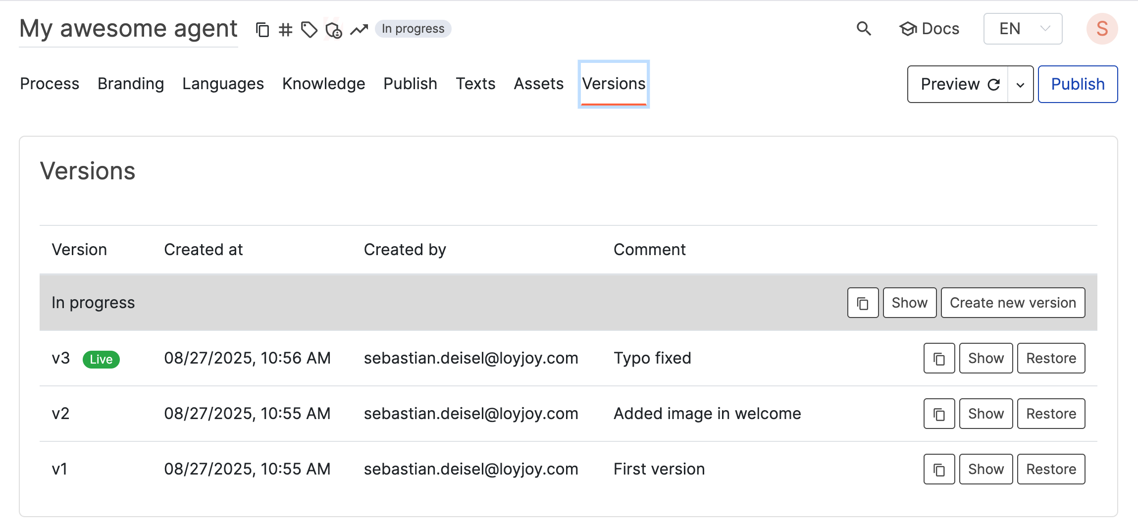 Versions tab