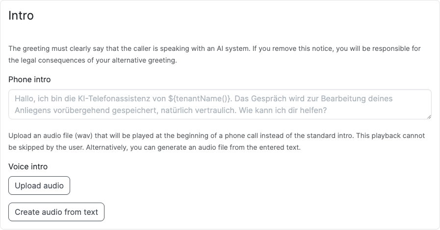 Intro settings with text intro, audio upload and create audio from text